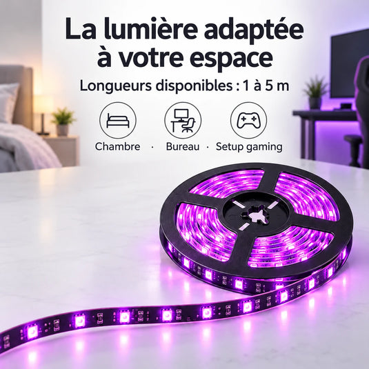 Ruban LED RGB Bluetooth pour chambre et setup – 1 à 5 m