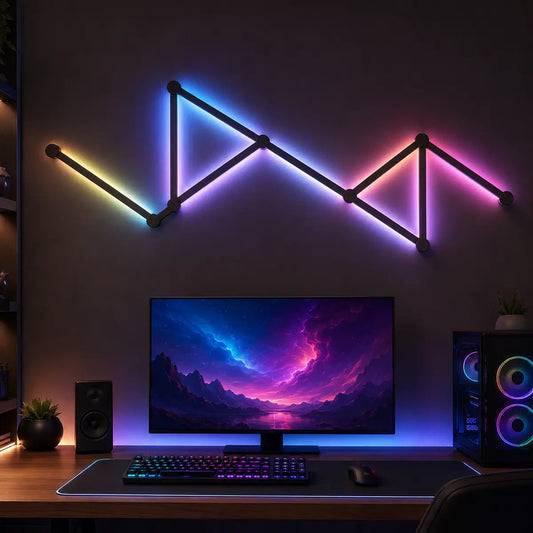 Barres LED murales RGB connectées installées au-dessus d’un setup gaming