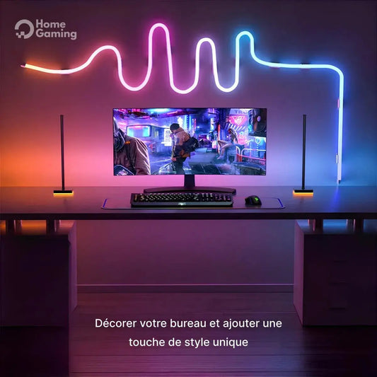 Néon LED flexible multicolore installé au-dessus d’un setup gaming