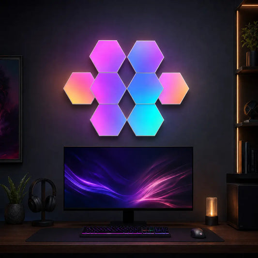 Pack de 8 panneaux LED RGB hexagonaux installé au-dessus d’un setup gaming