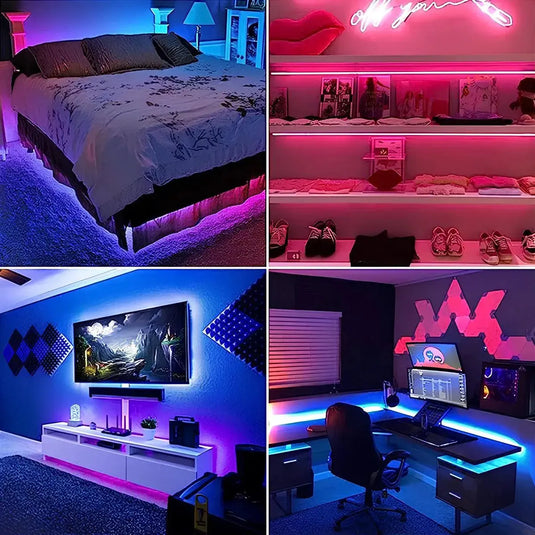 Exemples d’installation du ruban LED RGB dans une chambre et autour d’un bureau