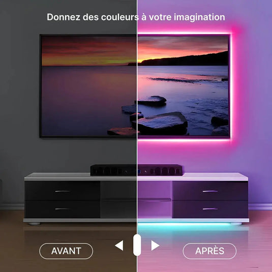 Avant après d’un ruban LED RGB installé derrière une télévision