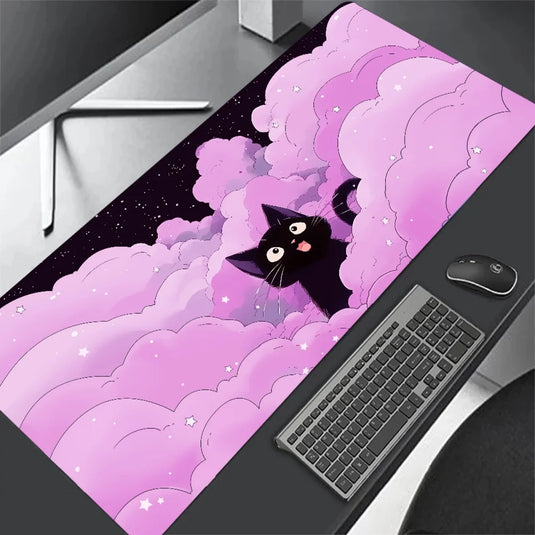 Tapis de souris XXL chat nuages kawaii mauve