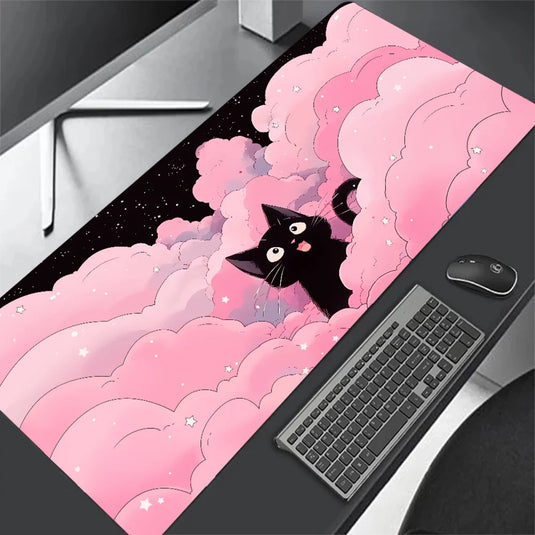 Tapis de souris XXL chat nuages kawaii rose