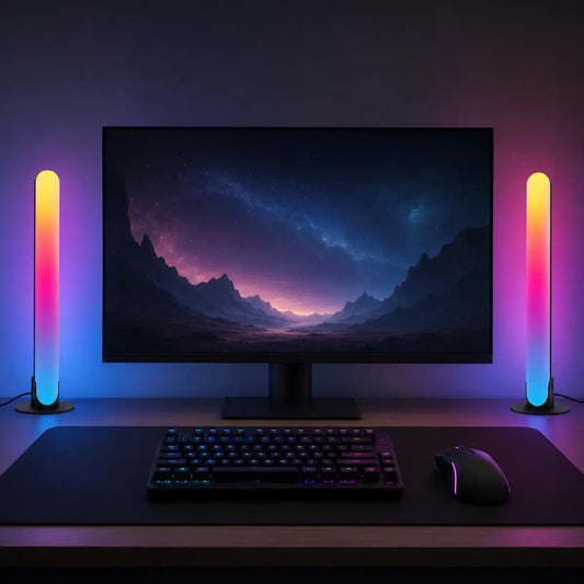 Deux barres LED RGB sur socles autour d’un écran dans un setup gaming