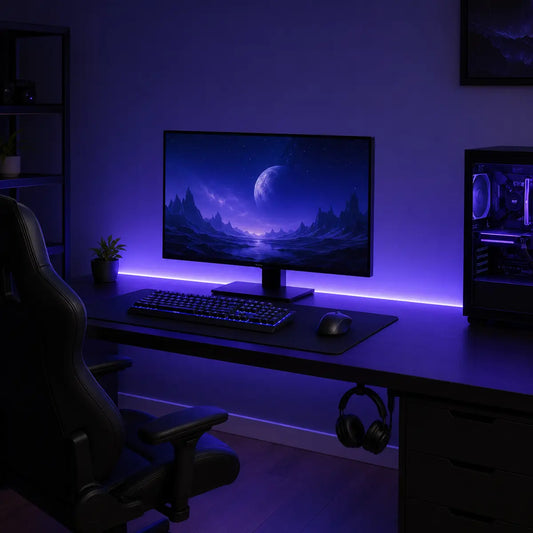 Ruban LED RGB Bluetooth violet installé sur un setup gaming